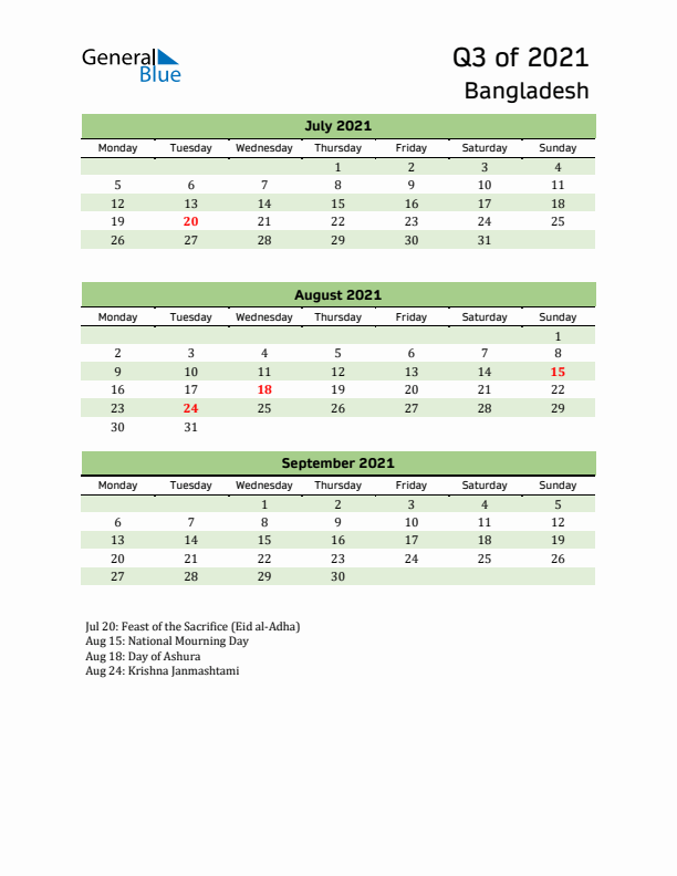 Quarterly Calendar 2021 with Bangladesh Holidays