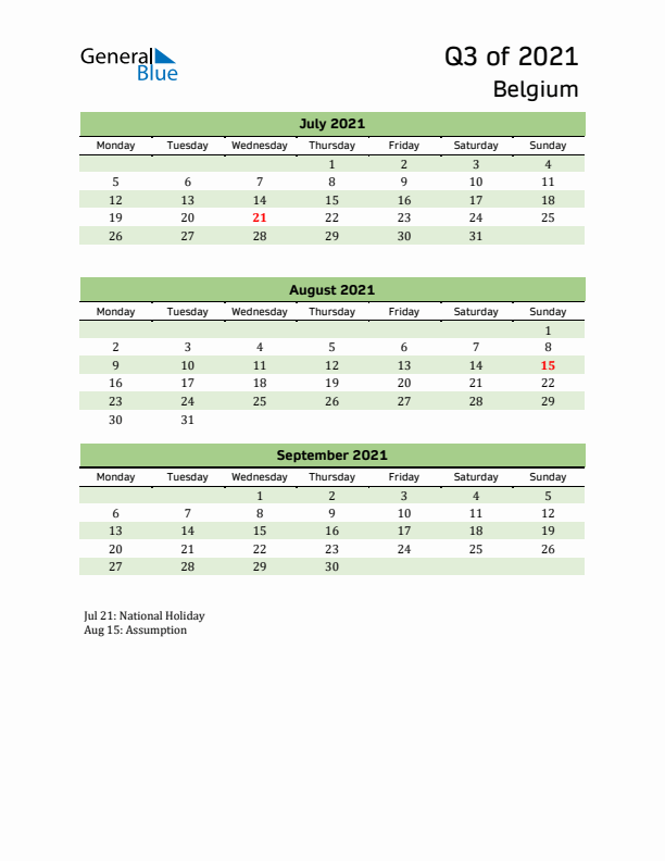 Quarterly Calendar 2021 with Belgium Holidays