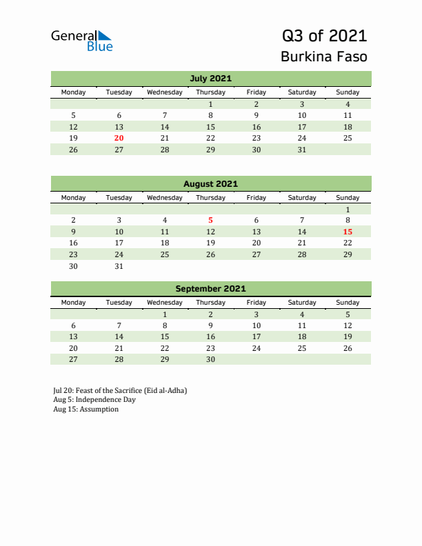 Quarterly Calendar 2021 with Burkina Faso Holidays