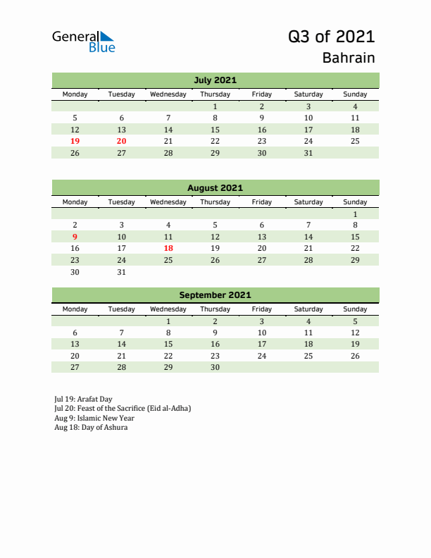 Quarterly Calendar 2021 with Bahrain Holidays