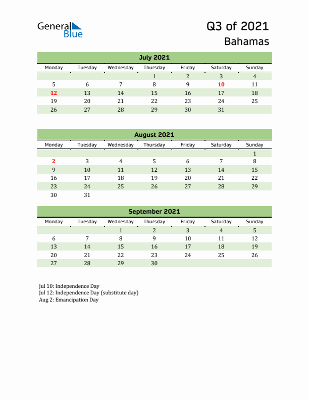 Quarterly Calendar 2021 with Bahamas Holidays