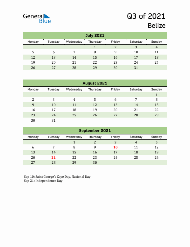 Quarterly Calendar 2021 with Belize Holidays