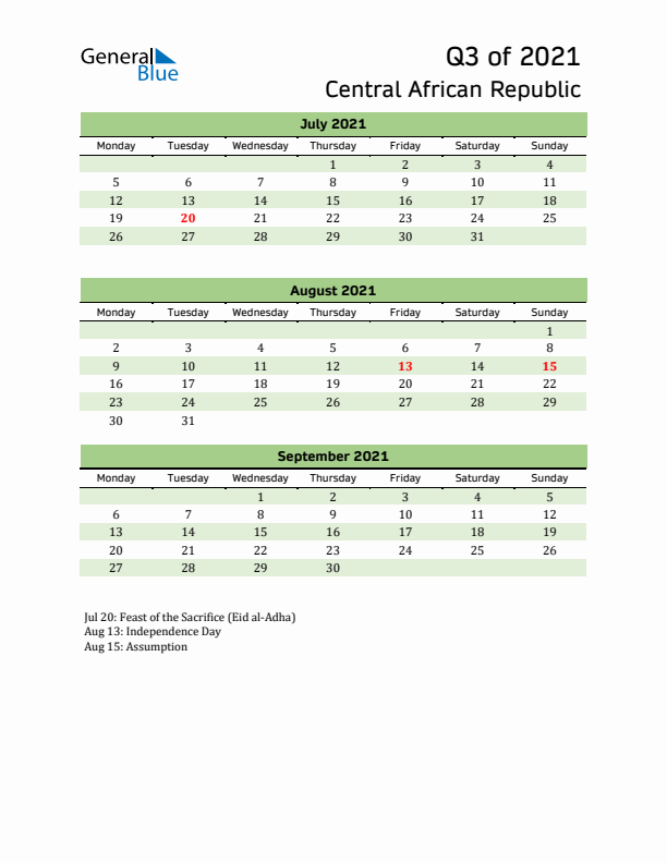 Quarterly Calendar 2021 with Central African Republic Holidays