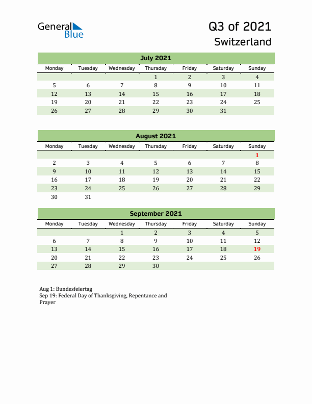 Quarterly Calendar 2021 with Switzerland Holidays