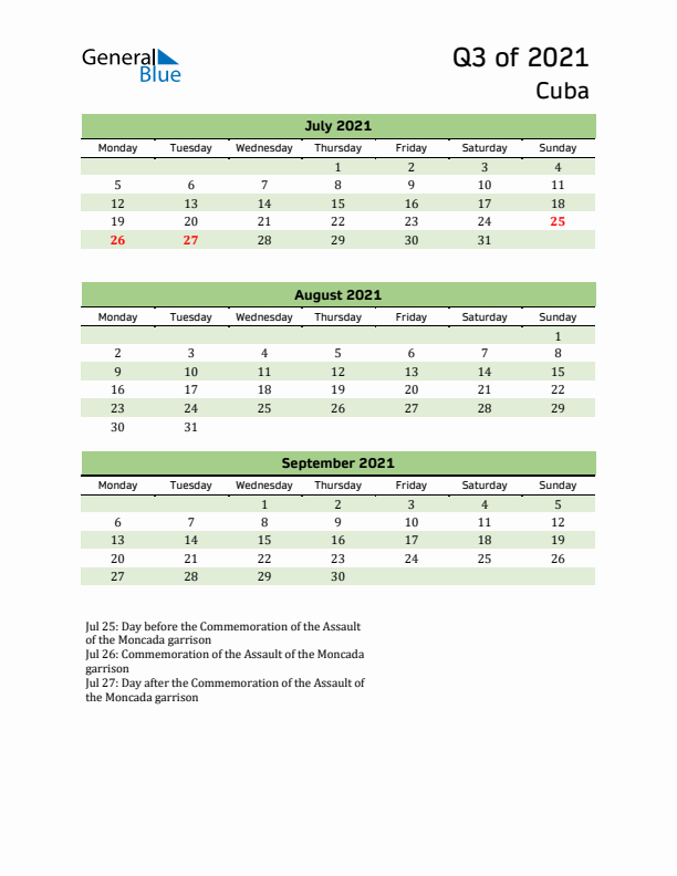 Quarterly Calendar 2021 with Cuba Holidays