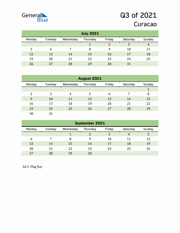 Quarterly Calendar 2021 with Curacao Holidays