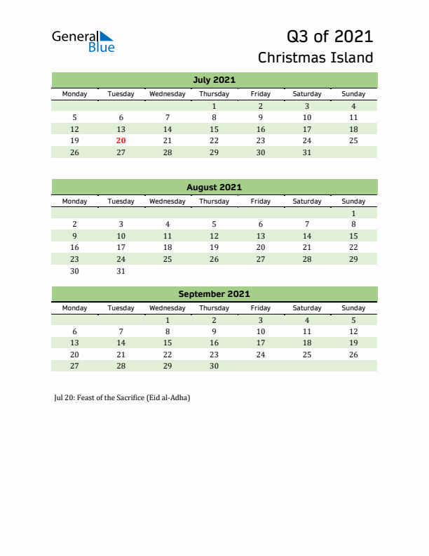 Quarterly Calendar 2021 with Christmas Island Holidays