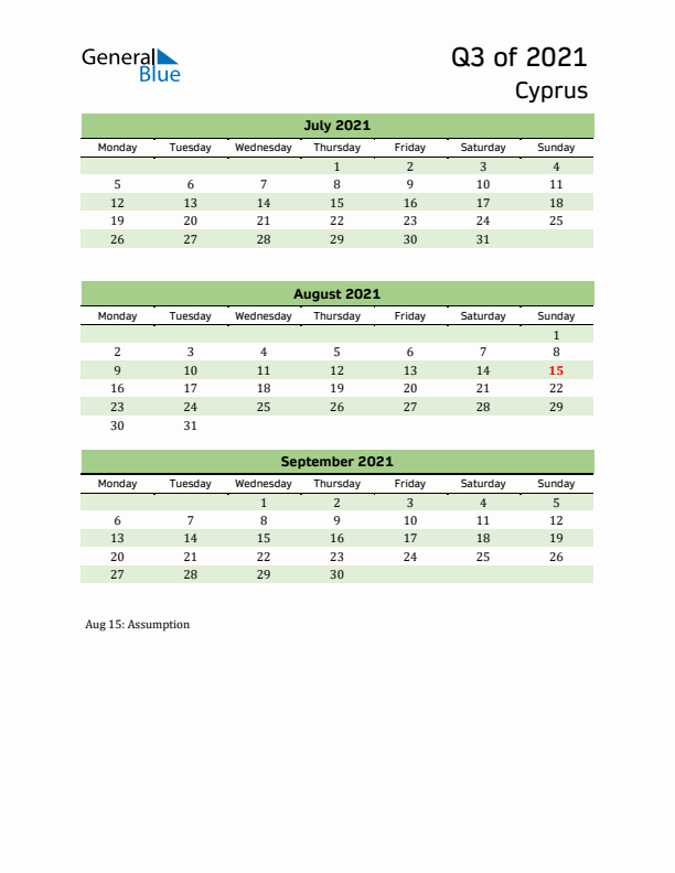 Quarterly Calendar 2021 with Cyprus Holidays