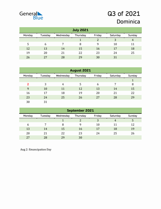 Quarterly Calendar 2021 with Dominica Holidays