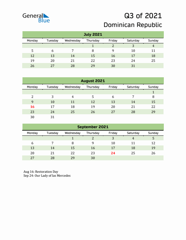 Quarterly Calendar 2021 with Dominican Republic Holidays