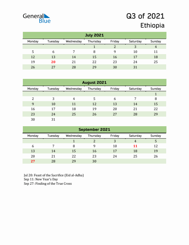 Quarterly Calendar 2021 with Ethiopia Holidays