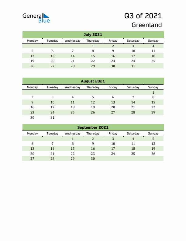 Quarterly Calendar 2021 with Greenland Holidays