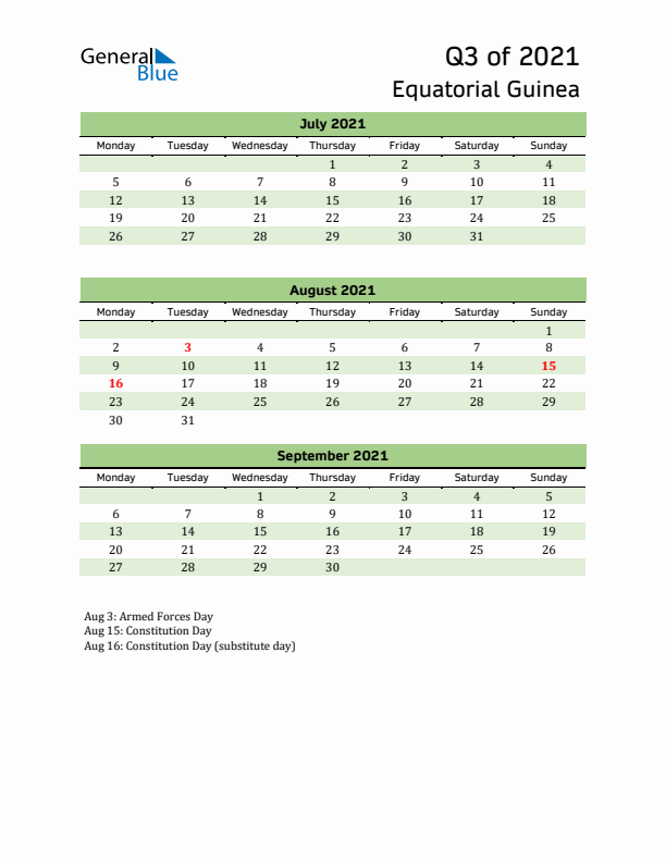 Quarterly Calendar 2021 with Equatorial Guinea Holidays