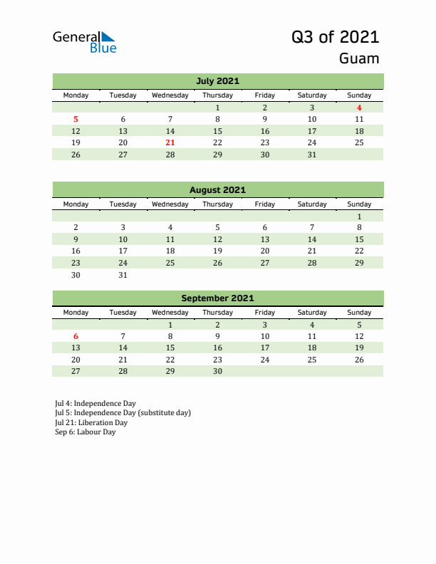 Quarterly Calendar 2021 with Guam Holidays