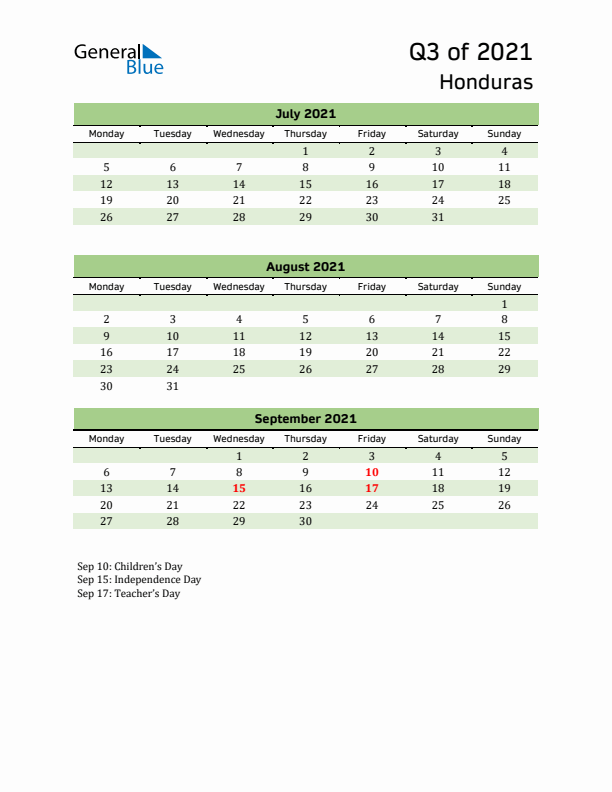 Quarterly Calendar 2021 with Honduras Holidays