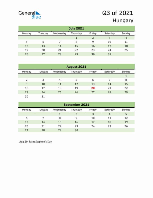 Quarterly Calendar 2021 with Hungary Holidays