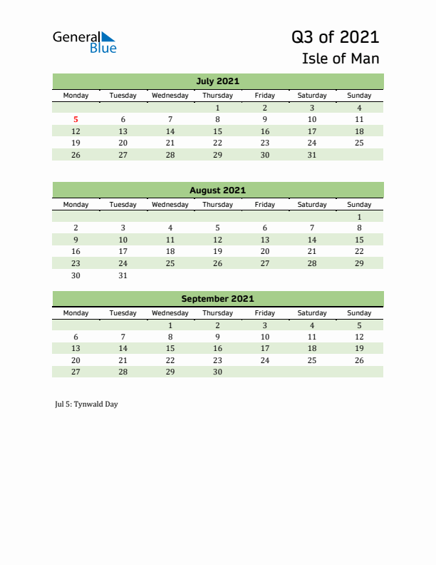 Quarterly Calendar 2021 with Isle of Man Holidays