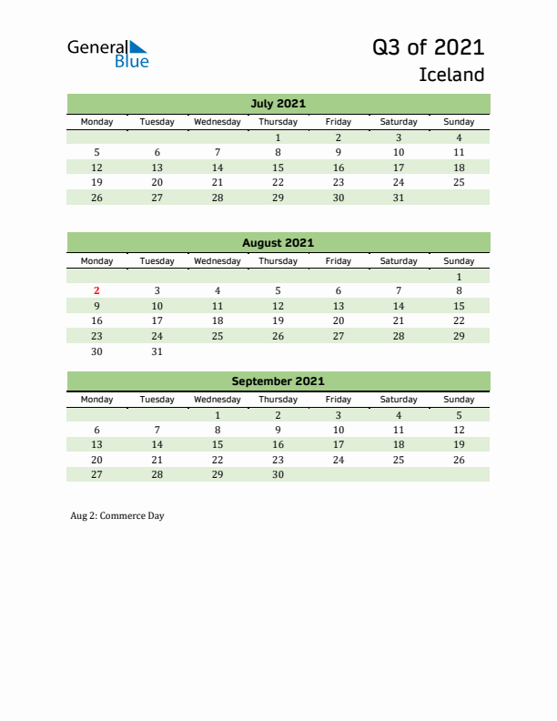 Quarterly Calendar 2021 with Iceland Holidays