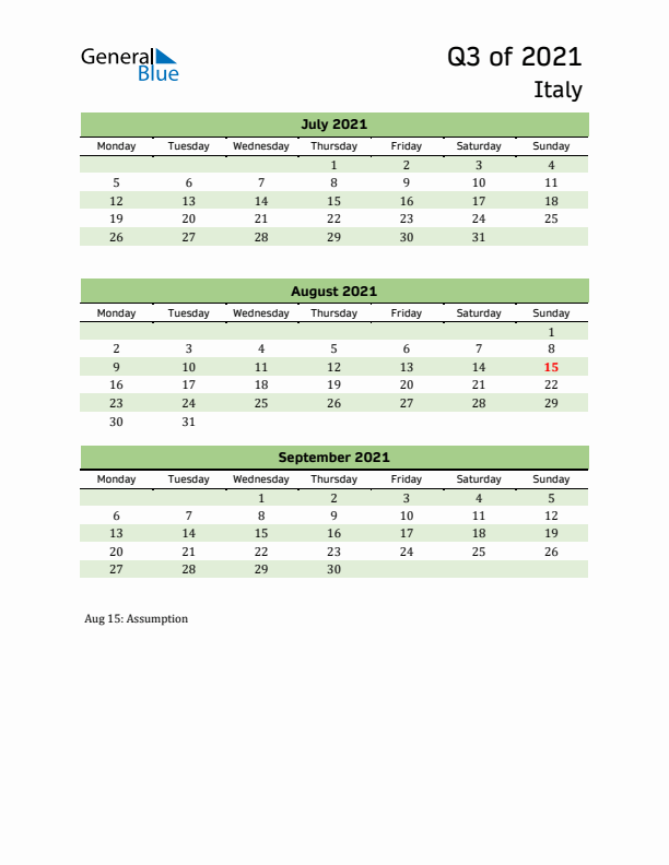 Quarterly Calendar 2021 with Italy Holidays