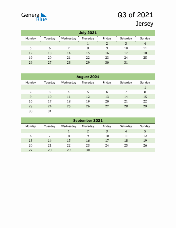 Quarterly Calendar 2021 with Jersey Holidays