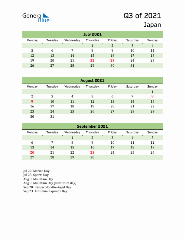 Quarterly Calendar 2021 with Japan Holidays