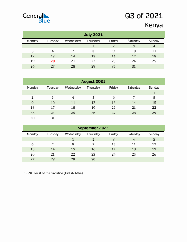 Quarterly Calendar 2021 with Kenya Holidays