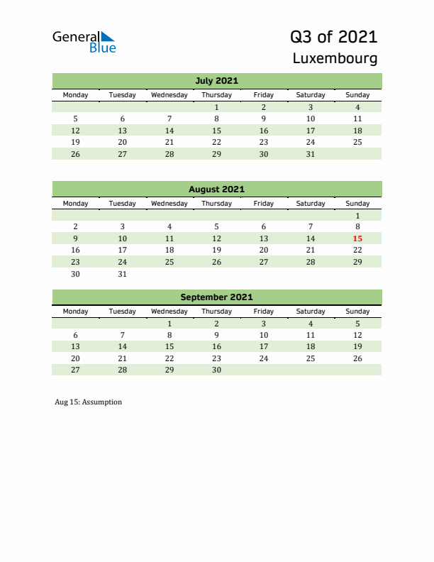 Quarterly Calendar 2021 with Luxembourg Holidays