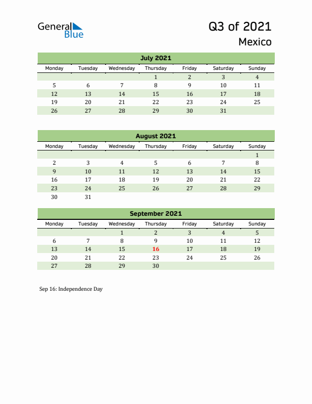 Quarterly Calendar 2021 with Mexico Holidays