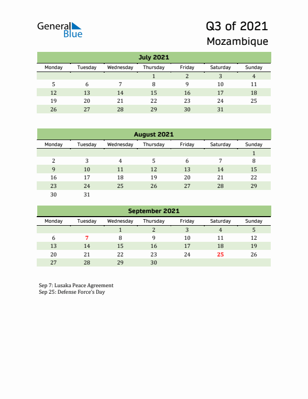 Quarterly Calendar 2021 with Mozambique Holidays