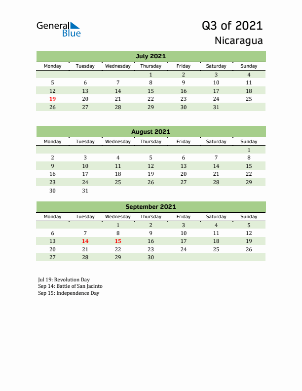 Quarterly Calendar 2021 with Nicaragua Holidays