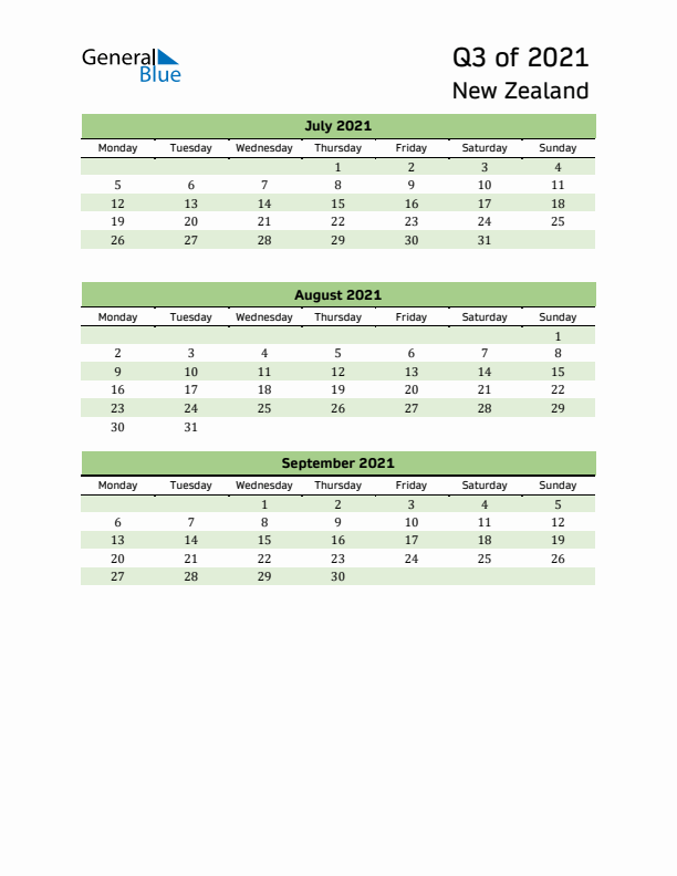 Quarterly Calendar 2021 with New Zealand Holidays