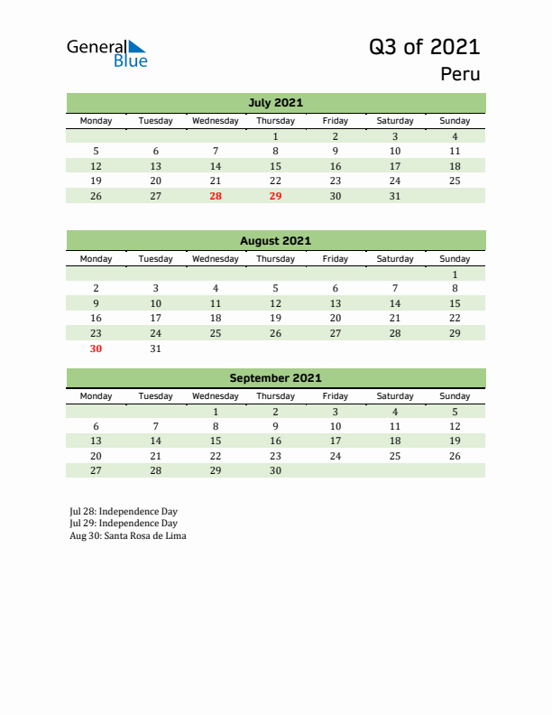 Quarterly Calendar 2021 with Peru Holidays