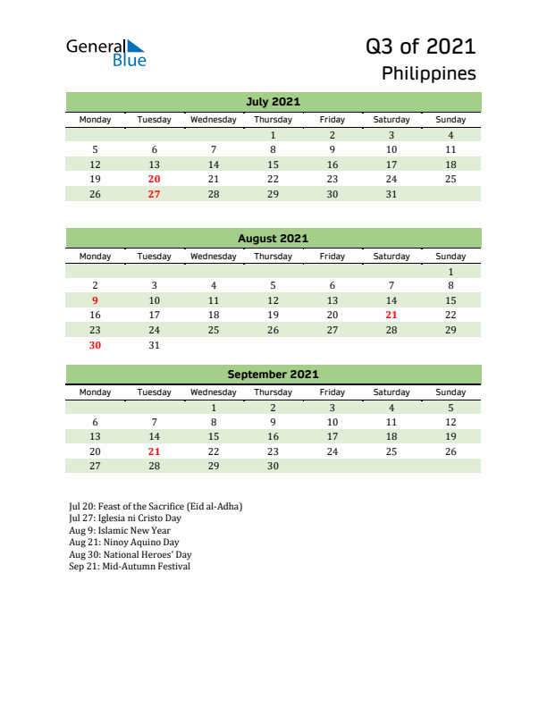 Quarterly Calendar 2021 with Philippines Holidays