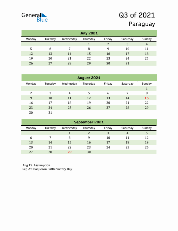 Quarterly Calendar 2021 with Paraguay Holidays