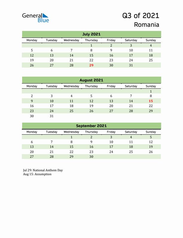 Quarterly Calendar 2021 with Romania Holidays