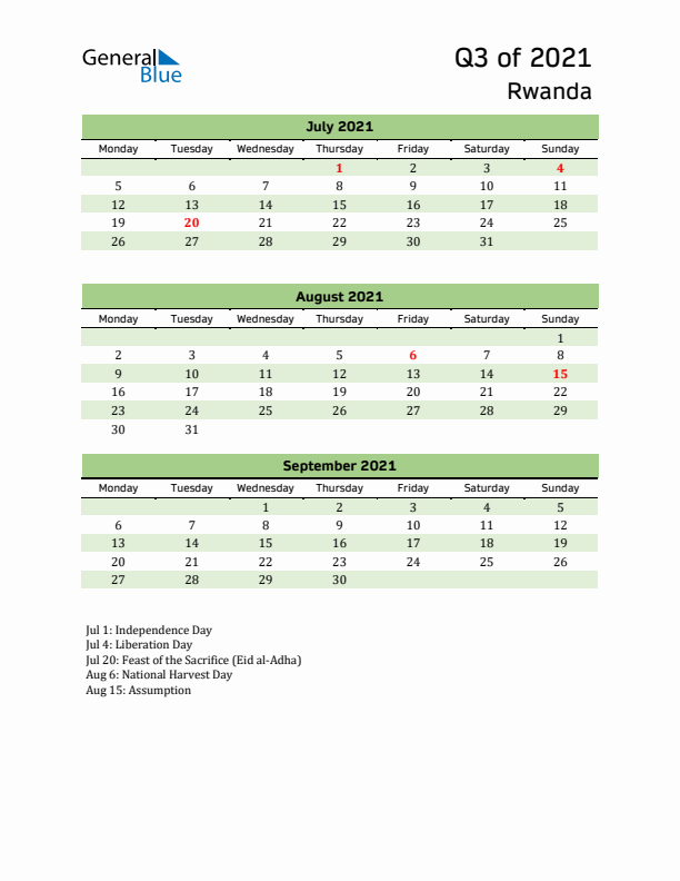 Quarterly Calendar 2021 with Rwanda Holidays