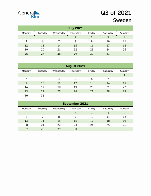 Quarterly Calendar 2021 with Sweden Holidays