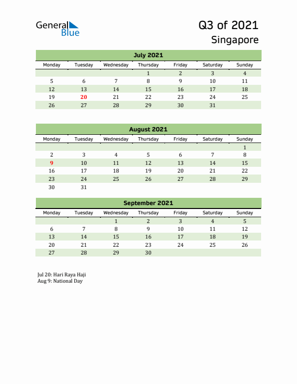 Quarterly Calendar 2021 with Singapore Holidays