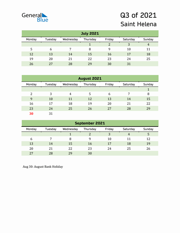 Quarterly Calendar 2021 with Saint Helena Holidays