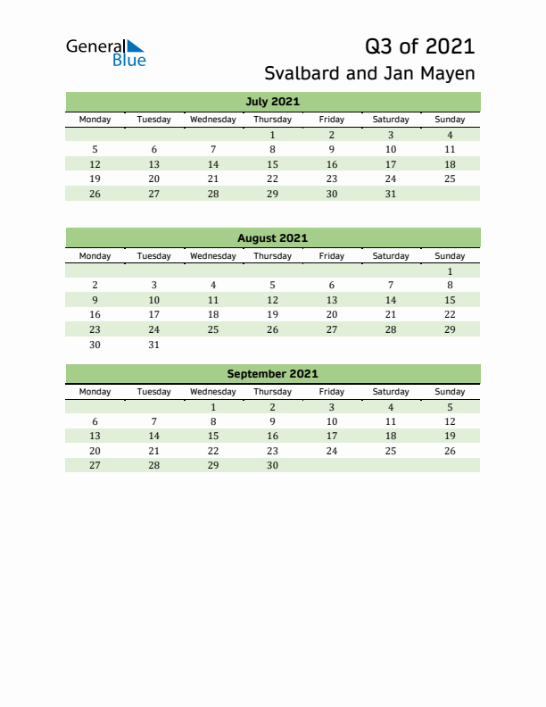 Quarterly Calendar 2021 with Svalbard and Jan Mayen Holidays