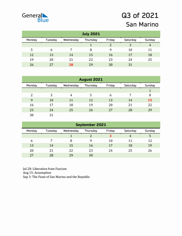 Quarterly Calendar 2021 with San Marino Holidays