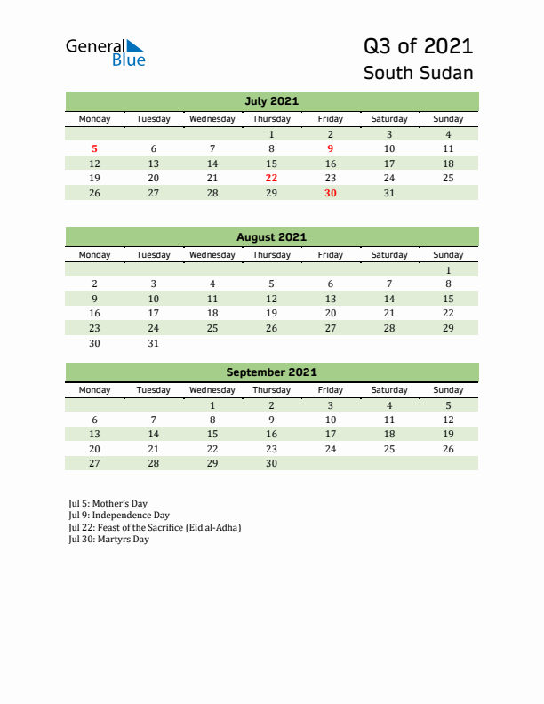 Quarterly Calendar 2021 with South Sudan Holidays