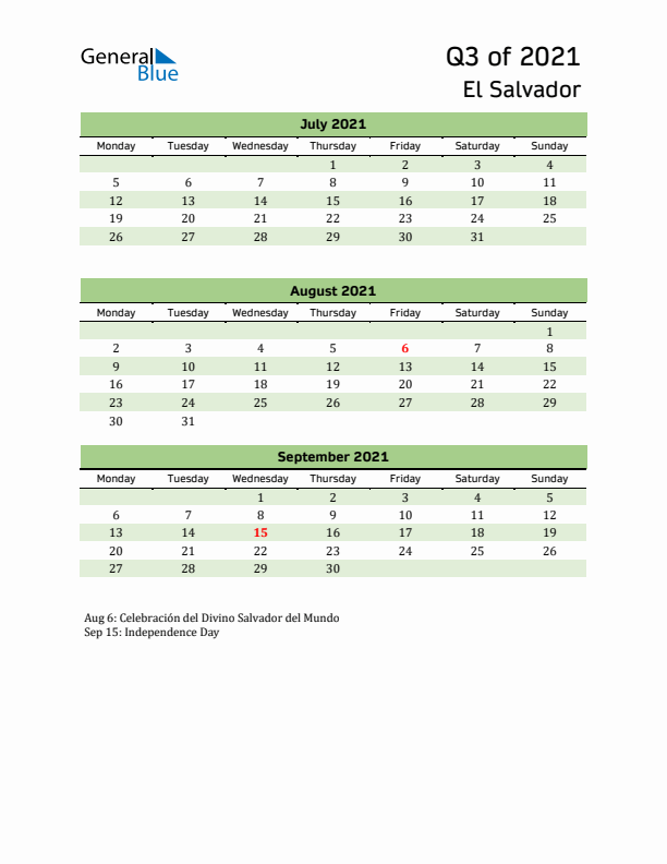 Quarterly Calendar 2021 with El Salvador Holidays