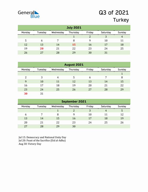 Quarterly Calendar 2021 with Turkey Holidays