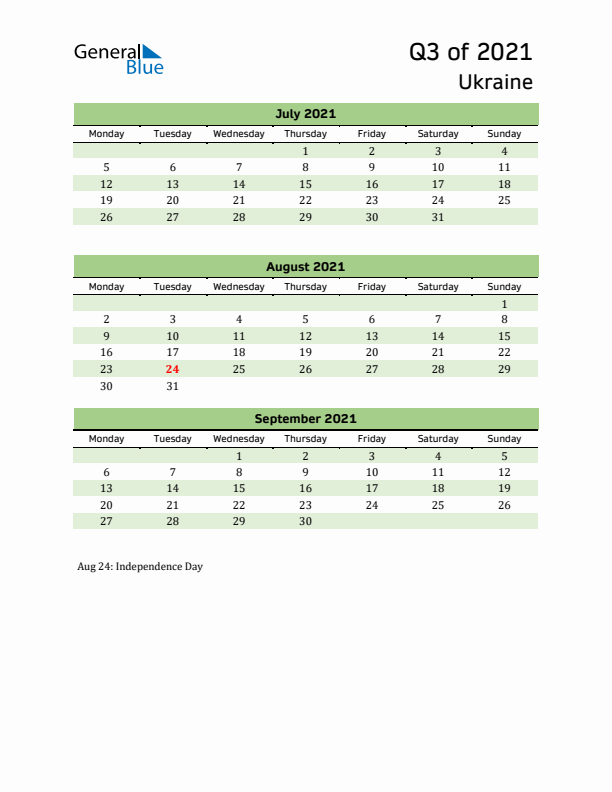 Quarterly Calendar 2021 with Ukraine Holidays