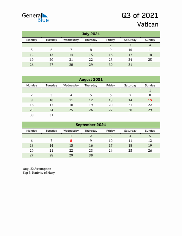 Quarterly Calendar 2021 with Vatican Holidays