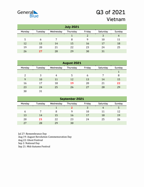 Quarterly Calendar 2021 with Vietnam Holidays