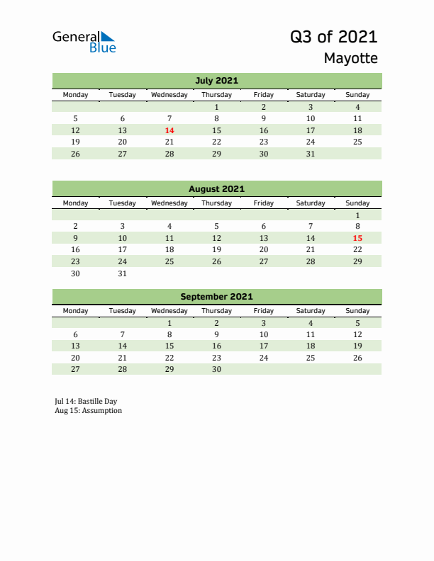 Quarterly Calendar 2021 with Mayotte Holidays