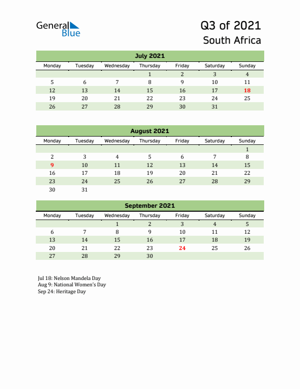 Quarterly Calendar 2021 with South Africa Holidays