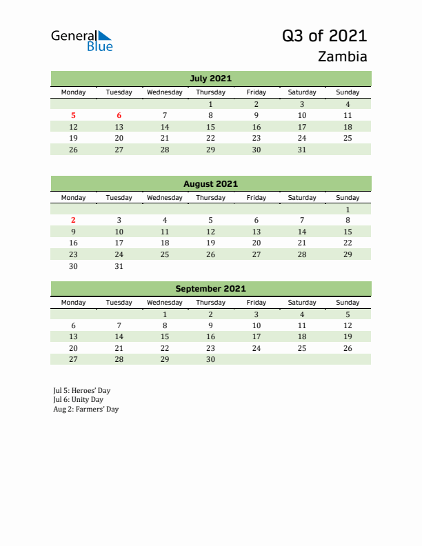 Quarterly Calendar 2021 with Zambia Holidays